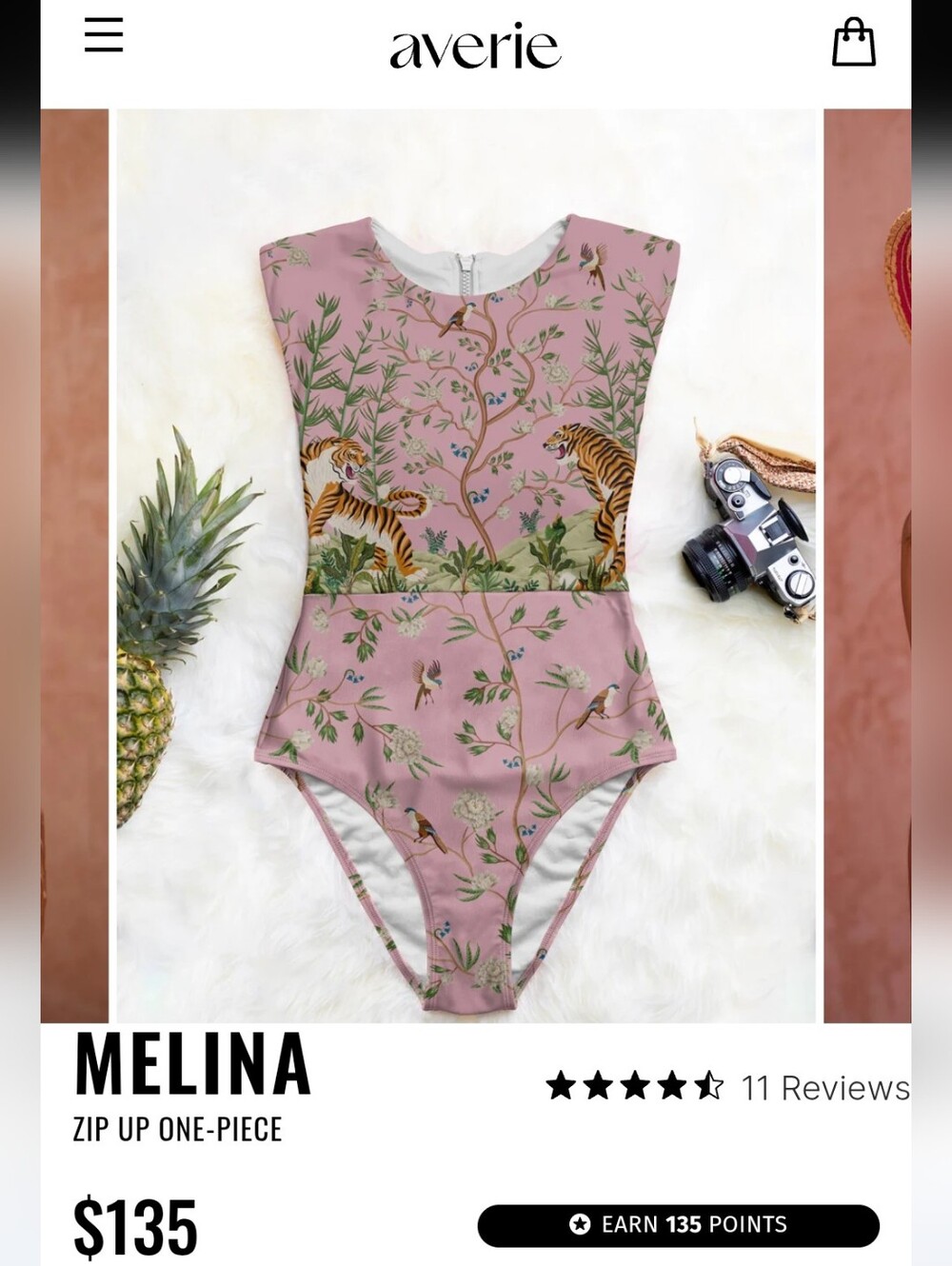 Averie Melina Zip-Up One-Piece Swimsuit in Dusty Rose with Tiger Print